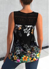 Black tops,Floral tops,ROTITA Lace Stitching Black Floral Print Tank Top