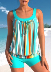 ROTITA Striped Cyan Bowknot Blouson Tankini Set