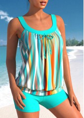 Cyan swimwear,Striped swimwear,ROTITA Striped Cyan Bowknot Blouson Tankini Set