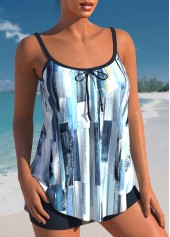 Denim Blue swimwear,Geometric swimwear,ROTITA Geometric Print Denim Blue Bowknot Tankini Set