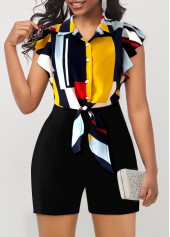 ROTITA Geometric Print Tie Front Ruffle Sleeve Black Romper