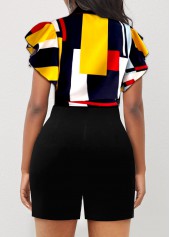 Black jumpsuits & rompers,Geometric jumpsuits & rompers,ROTITA Geometric Print Tie Front Ruffle Sleeve Black Romper