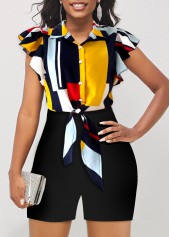 Black jumpsuits & rompers,Geometric jumpsuits & rompers,ROTITA Geometric Print Tie Front Ruffle Sleeve Black Romper