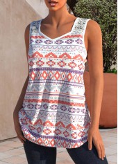 White tops,Geometric tops,ROTITA Tribal Geometric Print Lace Panel White Tank Top