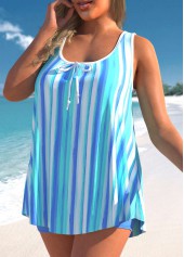 Light Blue swimwear,Striped swimwear,ROTITA Wide Strap Striped Sky Blue Tankini Set