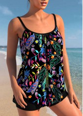 Black swimwear,Floral swimwear,ROTITA Black Spaghetti Strap Floral Print Tankini Top