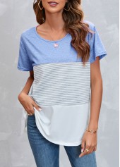 White tops,Striped tops,Round Neck Light Blue Striped T Shirt
