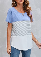 White tops,Striped tops,Round Neck Light Blue Striped T Shirt