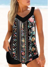 Floral Print Black Wide Strap Tankini Set
