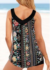 Black swimwear,Plants swimwear,ROTITA Floral Print Black Wide Strap Tankini Top