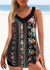 Black swimwear,Plants swimwear,ROTITA Floral Print Black Wide Strap Tankini Top