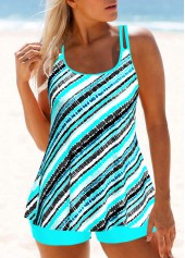 Striped Cyan Double Straps Tankini Set