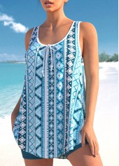 Light Blue swimwear,Tribal swimwear,ROTITA Geometric Print Bowknot Sky Blue Tankini Set
