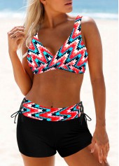 ROTITA Geometric Print Color Block Front Cross Bikini Set