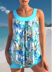 ROTITA Tropical Print Wide Strap Cyan Tankini Set