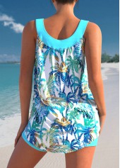 Cyan swimwear,Plants swimwear,ROTITA Tropical Print Wide Strap Cyan Tankini Set