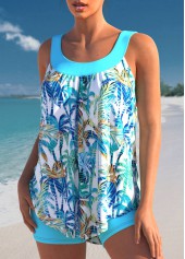 Cyan swimwear,Plants swimwear,ROTITA Tropical Print Wide Strap Cyan Tankini Set