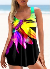 Multi Color swimwear,Floral swimwear,ROTITA Wide Strap Sunflower Print Tankini Top