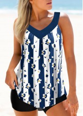 Dark Blue Wide Strap Floral Print Tankini Set