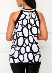 White tops,Geometric tops,ROTITA Circle Print Bib Neck White Tank Top