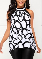 White tops,Geometric tops,ROTITA Circle Print Bib Neck White Tank Top