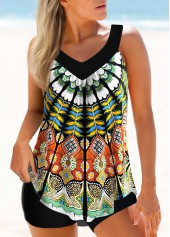 Multi Color Wide Strap Tribal Print Tankini Set