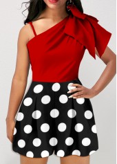 ROTITA Polka Dot Bowknot Red Asymmetric Design Romper