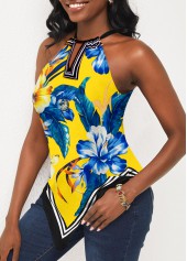 Yellow tops,Floral tops,ROTITA Yellow Asymmetric Hem Bib Neck Camisole Top