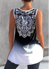 White tops,Ombre tops,ROTITA Tribal Print Ombre Split Neck White Tank Top