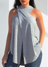 Grey tops,Plain Color tops,ROTITA Cross Halter Sleeveless Grey Tank Top