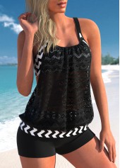 Black swimwear,Chevron swimwear,ROTITA Lace Patchwork Black Geometric Print Tankini Set