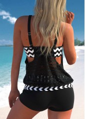 Black swimwear,Chevron swimwear,ROTITA Lace Patchwork Black Geometric Print Tankini Set
