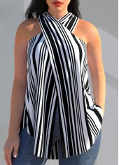 ROTITA Cross Halter Striped Black Tank Top
