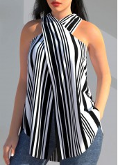 Black tops,Striped tops,ROTITA Cross Halter Striped Black Tank Top