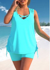 Cyan swimwear,Plain Color swimwear,ROTITA Lace Patchwork Cross Strap Cyan Tankini Set