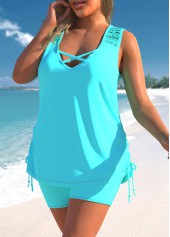 Cyan swimwear,Plain Color swimwear,ROTITA Lace Patchwork Cross Strap Cyan Tankini Set