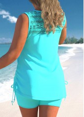 Cyan swimwear,Plain Color swimwear,ROTITA Lace Patchwork Cross Strap Cyan Tankini Set