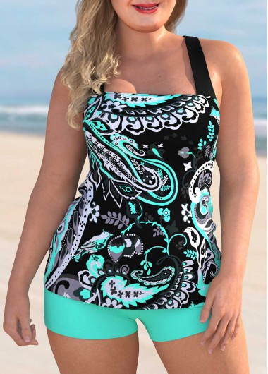 Cyan plus size,Paisley plus size,ROTITA Paisley Print Plus Size Cross Strap Tankini Set 