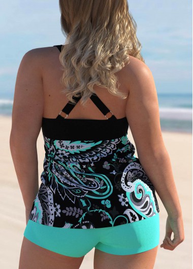 Cyan plus size,Paisley plus size,ROTITA Paisley Print Plus Size Cross Strap Tankini Set 