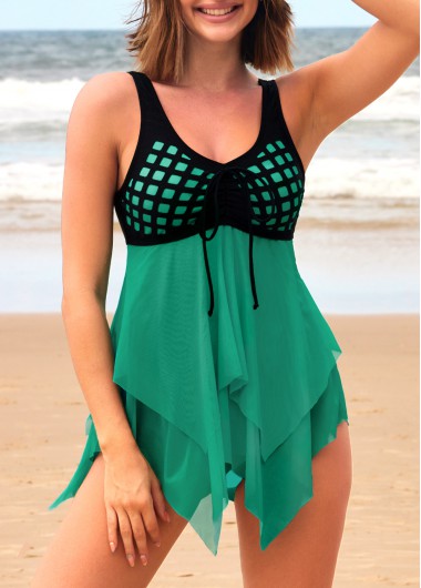 Cyan swimwear,Contrast Color swimwear,ROTITA Tie Front Asymmetric Hem Cyan Swimdress and Panty