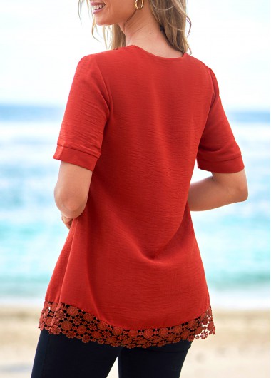Brick Red tops,Plain Color tops,ROTITA Lace Patchwork Rust Red Short Sleeve T Shirt