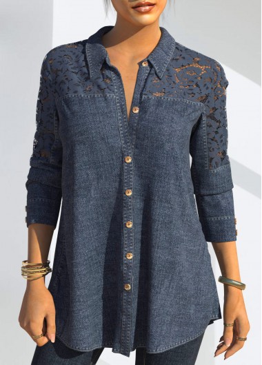 Denim Blue tops,Plain Color tops,ROTITA Denim Lace Stitching Button Up Blue Blouse
