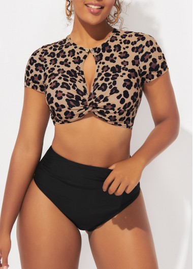 Multi Color swimwear,Leopard swimwear,ROTITA Leopard High Waisted Cutout Twist Front Bikini Set
