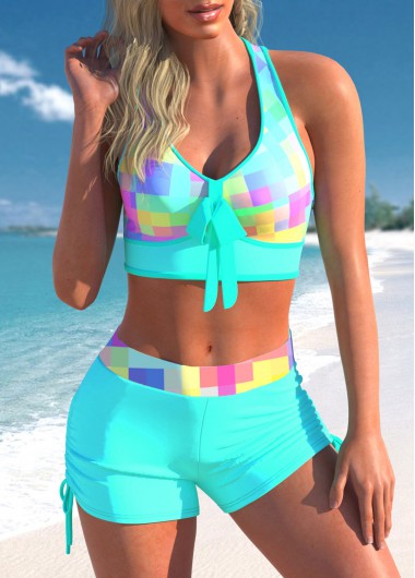 Cyan swimwear,Plaid swimwear,ROTITA Bowknot Rainbow Color Plaid Cross Strap Bikini Set