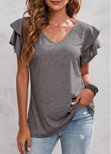 Light Grey tops,Plain Color tops,Layered Bell Sleeve Light Grey V Neck T Shirt