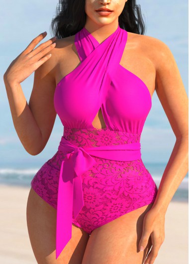 Hot Pink swimwear,Plain Color swimwear,ROTITA Lace Stitching Cross Halter Rose Red One Piece Swimwear