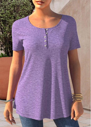Light Purple tops,Plain Color tops,ROTITA Light Purple Button Detail Short Sleeve T Shirt