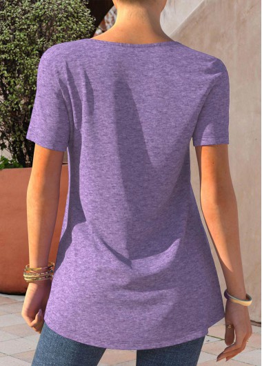 Light Purple tops,Plain Color tops,ROTITA Light Purple Button Detail Short Sleeve T Shirt