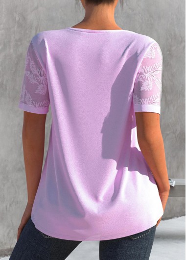 Light Pink tops,Plain Color tops,ROTITA Embroidered Light Pink Faux Two Piece T Shirt