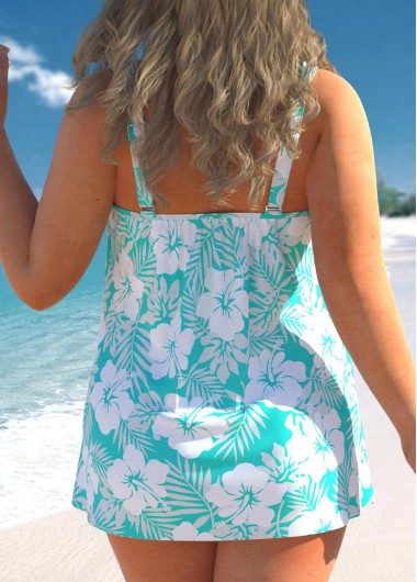 Cyan plus size,Floral plus size,ROTITA Floral Print Plus Size Cyan Crossover Hem Tankini Set